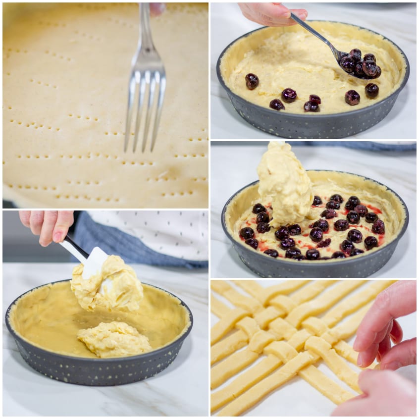 Passaggi per comporre la crostata: base bucherellata, farcitura con crema e amarene, intreccio di strisce di frolla