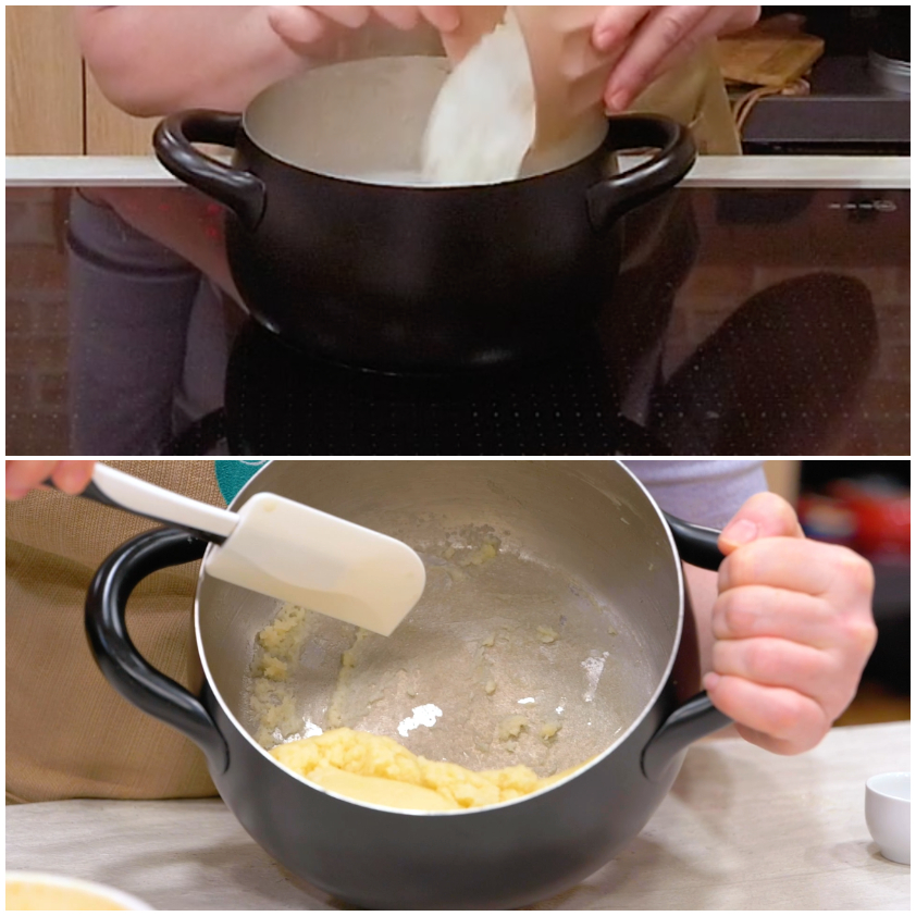 Composto di pasta choux mescolato con una spatola fino a diventare liscio e omogeneo nel tegame