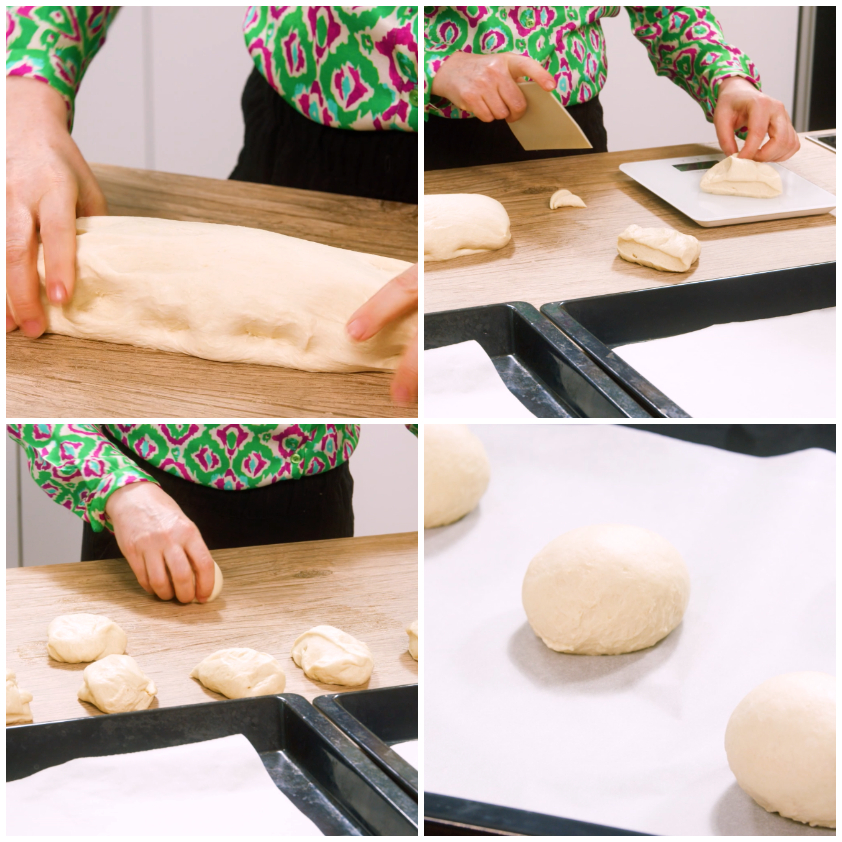 Impasto diviso in pezzi e formato in palline disposte su carta forno per la lievitazione