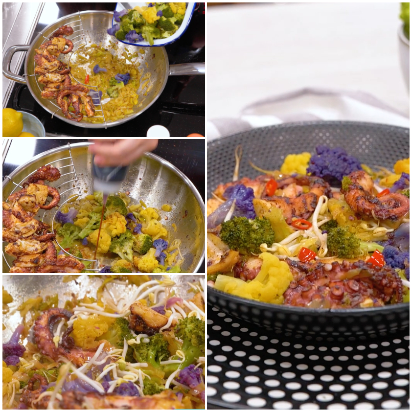 Polpo saltato con broccoli, cavolfiore viola e germogli di soia in padella