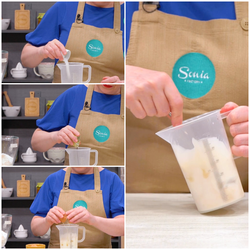 Uova rotte e latte mescolati in un bricco graduato per l'impasto delle girelle