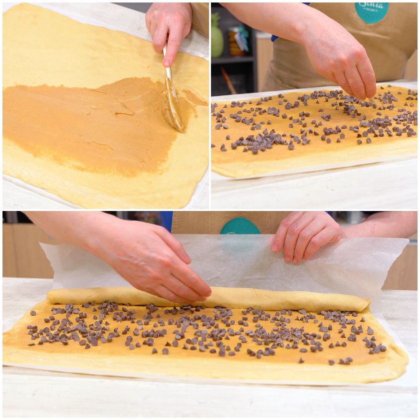 Pasta stesa farcita con crema al burro e gocce di cioccolato, poi arrotolata a mano