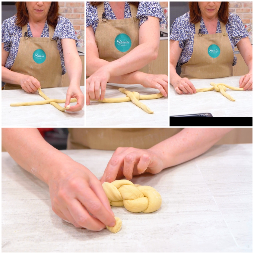 Mani che intrecciano filoncini di pasta fino a formare un nodo treccia sul piano di lavoro