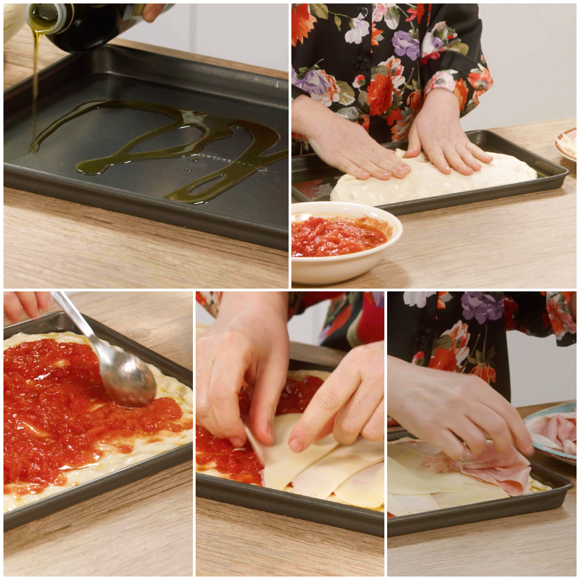 Stesura dell'impasto in teglia, poi salsa di pomodoro, fette di caciocavallo e prosciutto cotto