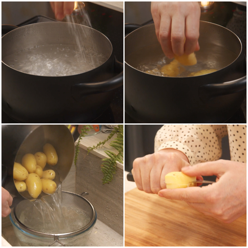 Patate novelle lessate in acqua bollente, scolate e tagliate a metà a mano