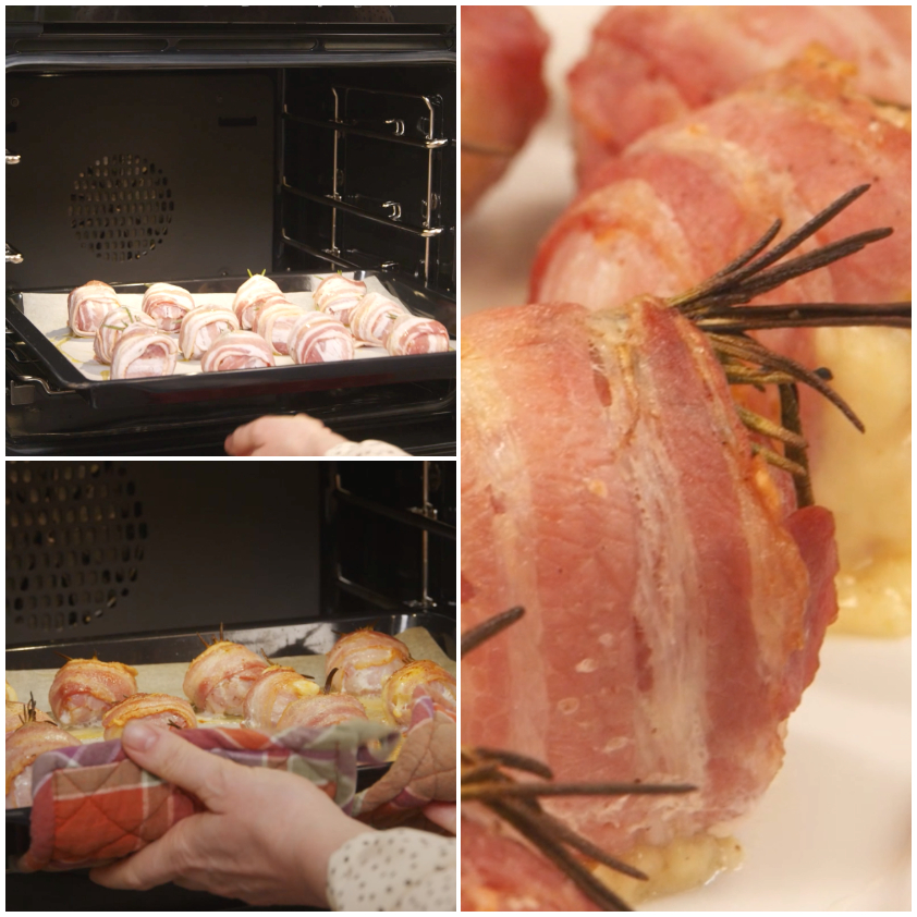 Bocconcini avvolti nel bacon con rametti di rosmarino, prima e dopo la cottura in forno