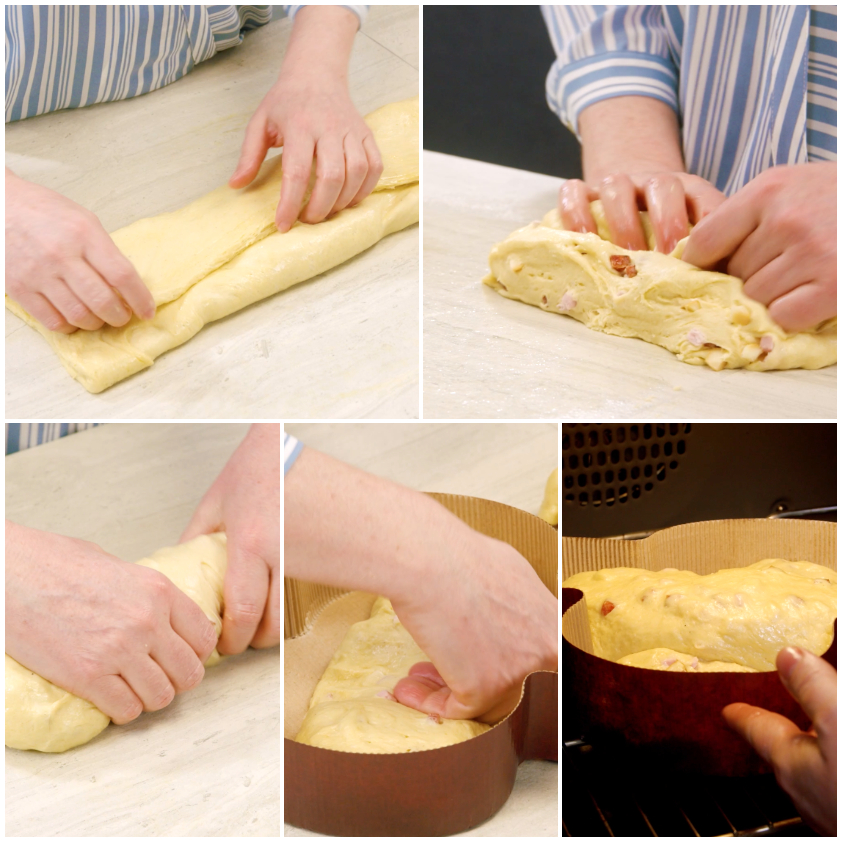 Mani che piegano e arrotolano l'impasto farcito, poi lo sistemano nello stampo prima della lievitazione