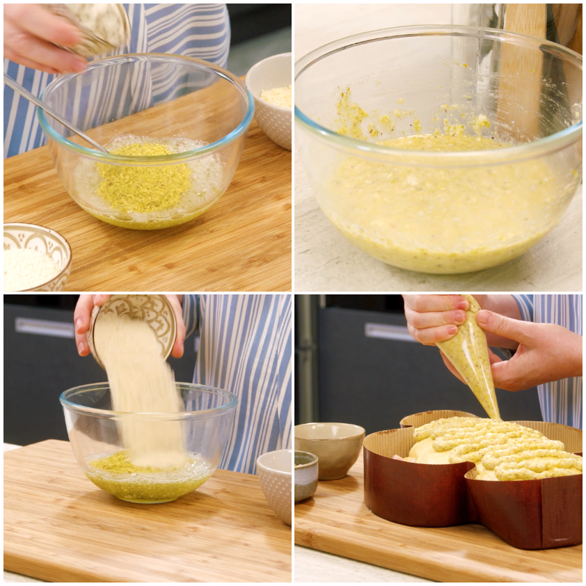 Preparazione della glassa: impasto giallo mescolato in ciotola e versato con sac à poche sulla colomba salata