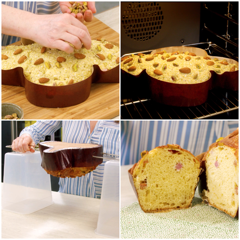 Mani che distribuiscono pistacchi e mandorle sull'impasto della colomba salata prima della cottura