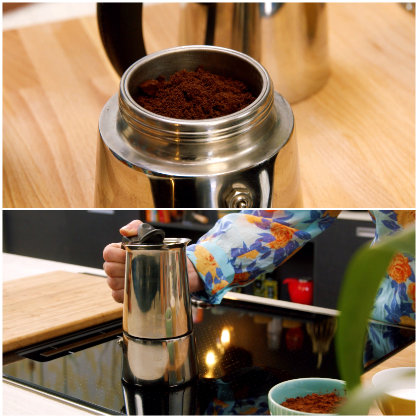 Filtro della moka riempito di caffè macinato, poi messa sul fuoco a mano