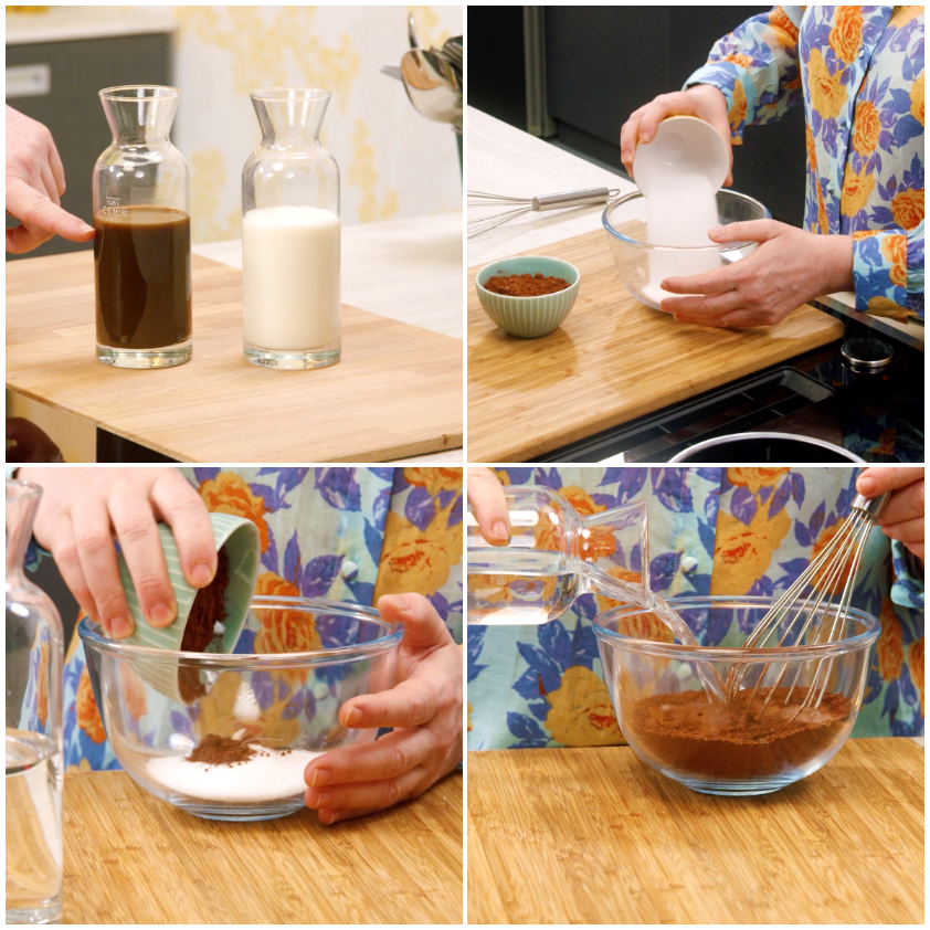 Cacao amaro e zucchero mescolati in una ciotola, con aggiunta di acqua a filo e frusta
