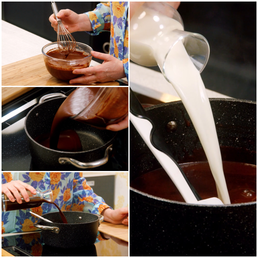 Composto al cioccolato mescolato a frusta, poi versato in pentola con latte e caffè