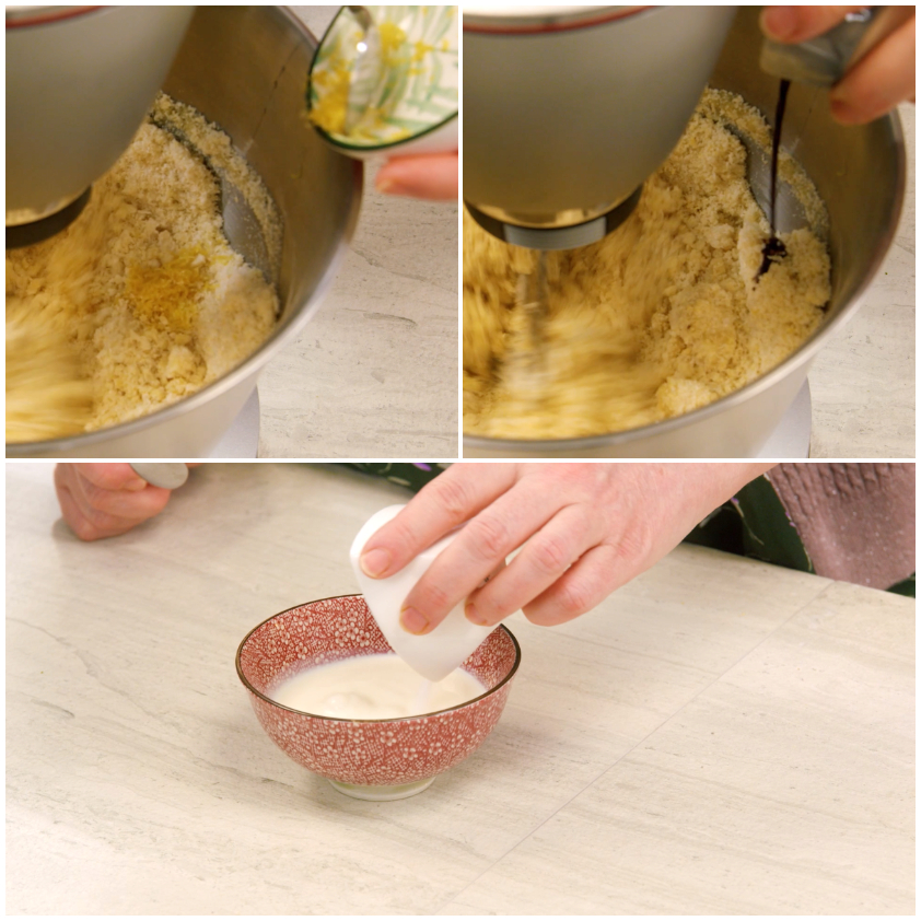 Impasto sabbioso lavorato in planetaria e latte versato in una ciotola per sciogliere l'ammoniaca