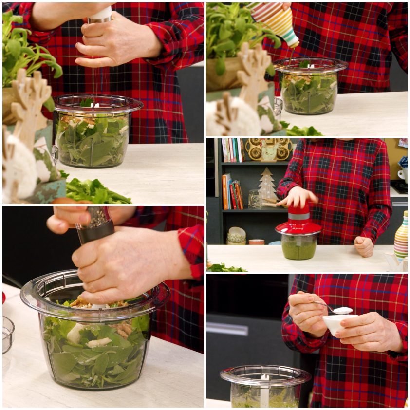 Foglie di salvia frullate con noci fino a ottenere un pesto verde e cremoso