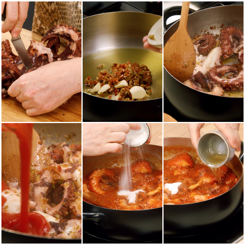 Sei fasi di preparazione del polpo in agliata: taglio, soffritto, rosolatura e aggiunta di passata, sale e aceto