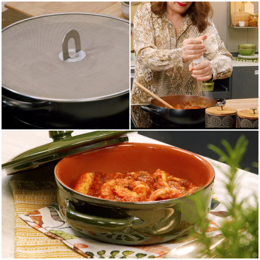 Polpo in umido con sugo di pomodoro ristretto, pronto da servire in tegame da portata
