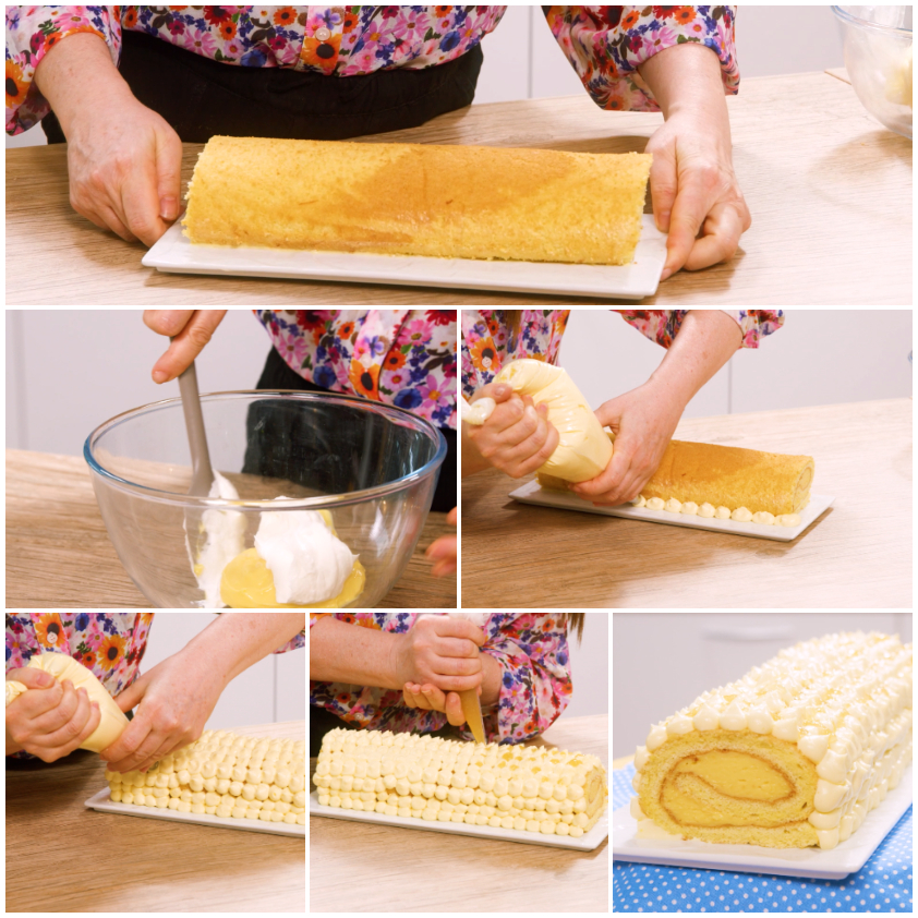 Rotolo al limone decorato con ciuffi di crema pasticcera alla panna disposti su tutta la superficie