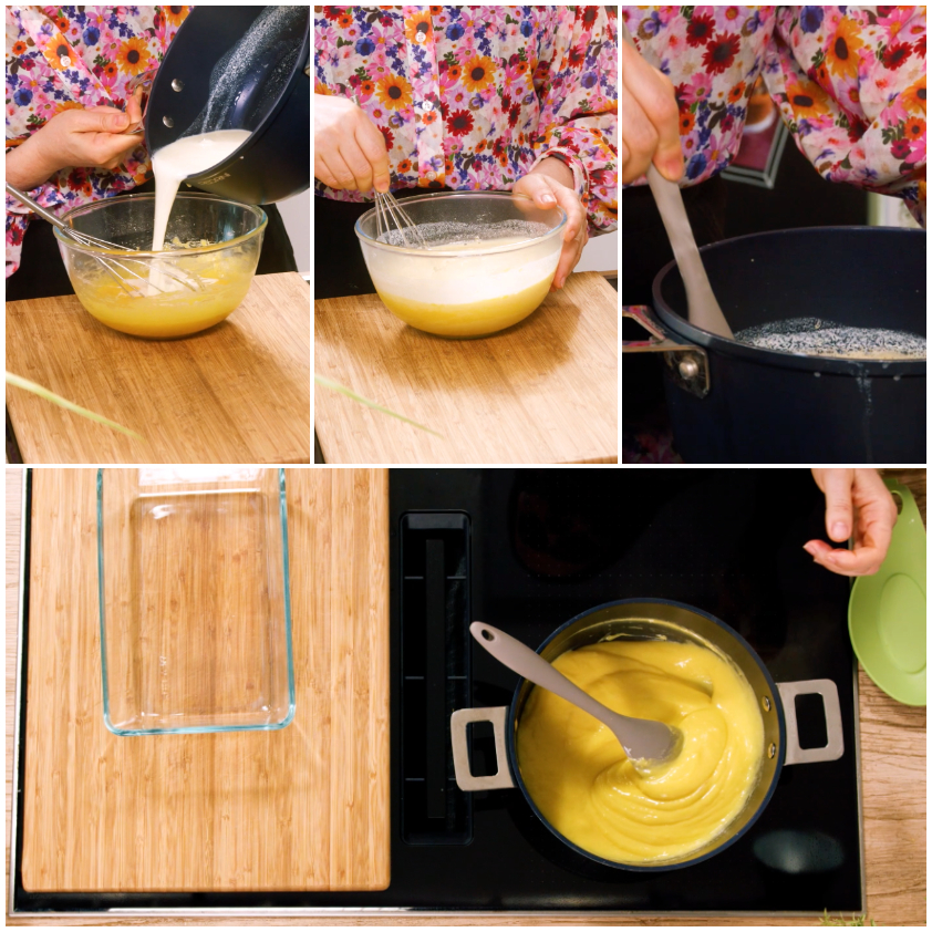 Crema al limone densa e lucida mescolata in pentola, pronta da versare in pirofila
