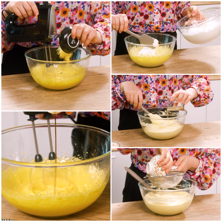 Preparazione del rotolo al limone: montatura delle uova, aggiunta di latte e incorporo degli albumi a mano