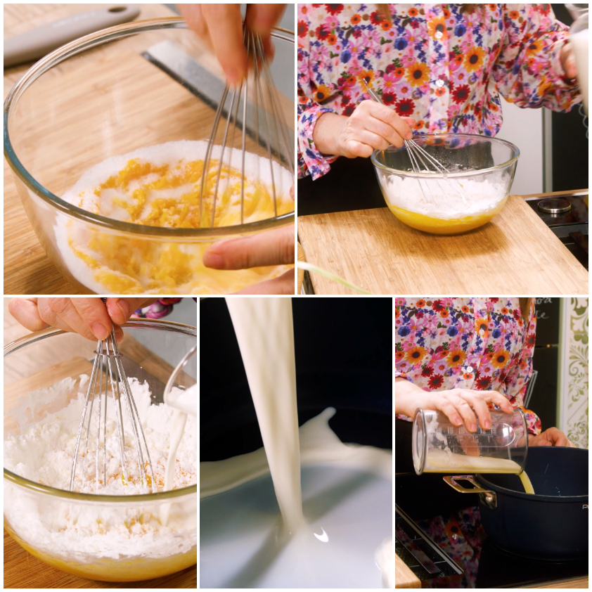 Uova e zucchero montati a frusta, poi il composto versato in pentola con panna e limone