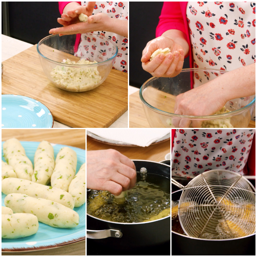 Mani che formano i cazzilli dall'impasto di patate e li friggono in olio bollente