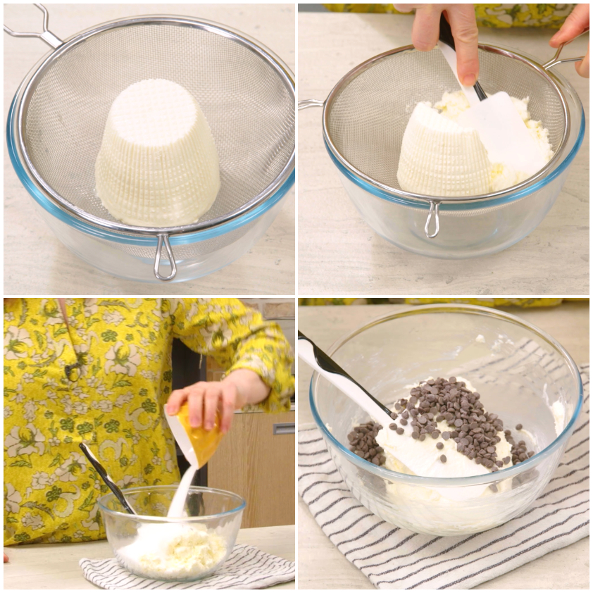 Ricotta setacciata, zucchero e gocce di cioccolato amalgamati in una ciotola per la crema