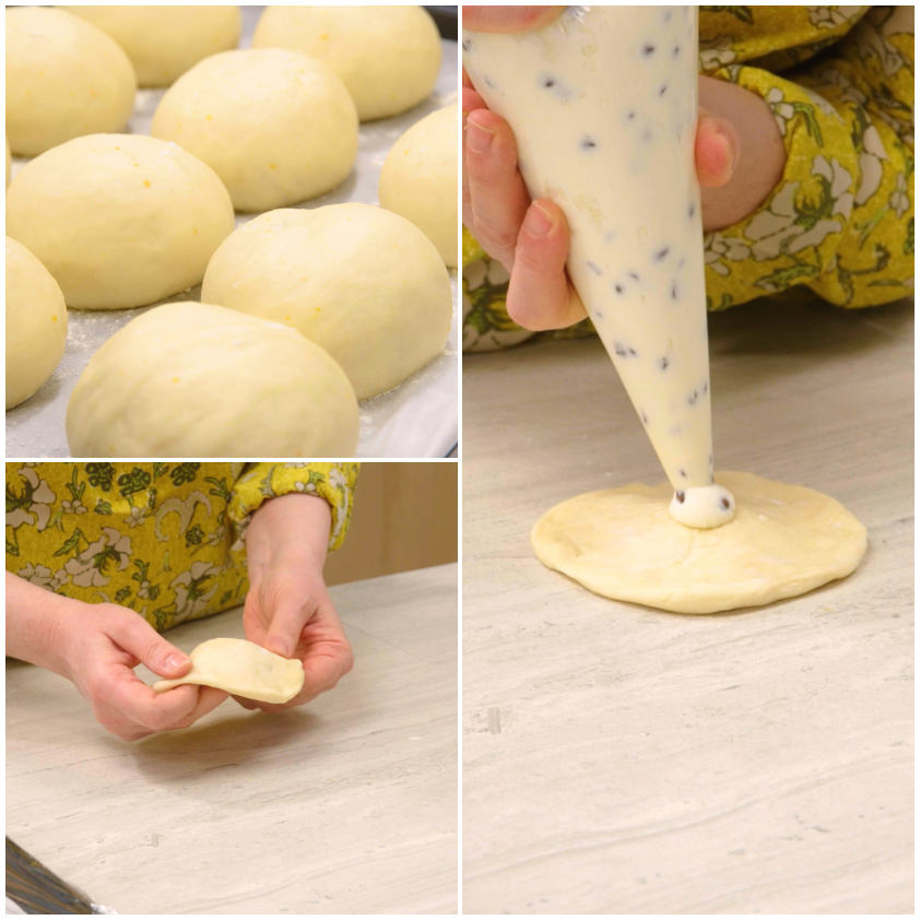 Mani che allargano un disco di pasta lievitata e farciscono con crema di ricotta dalla sac-à-poche