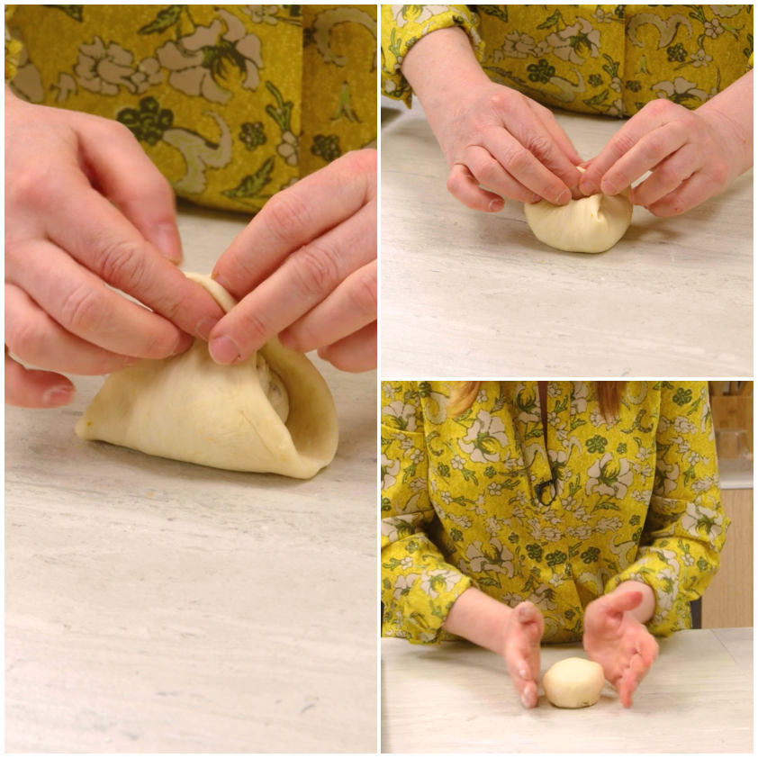 Mani che chiudono a fagottino un disco di pasta farcita, pizzicando i bordi per sigillare
