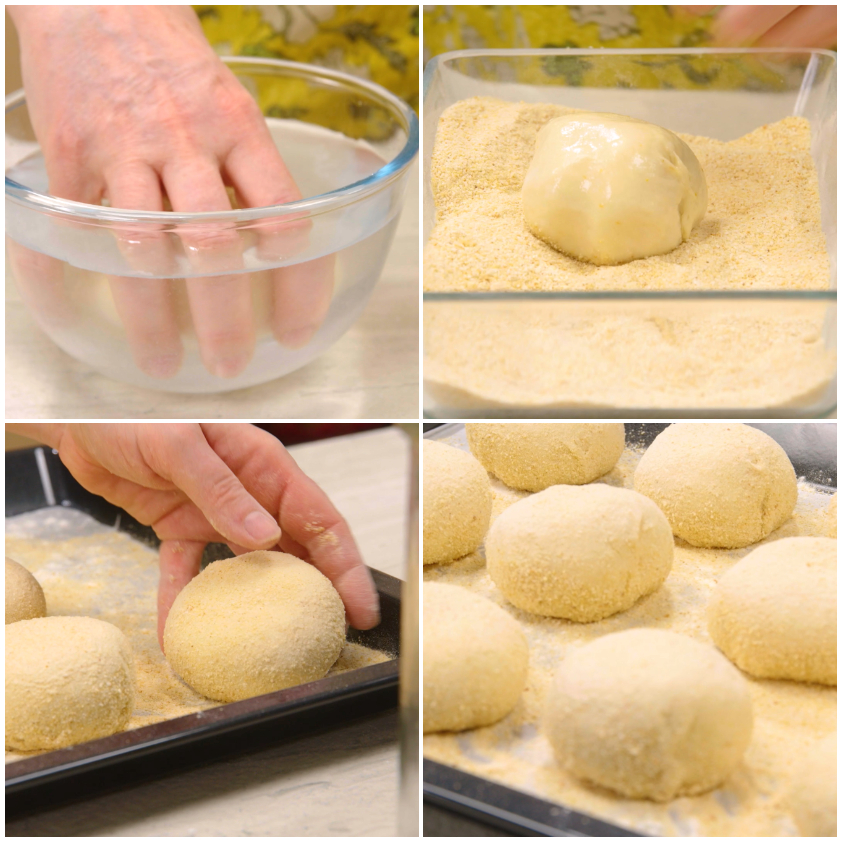 Palline di impasto passate nel pangrattato e disposte su una teglia per la lievitazione