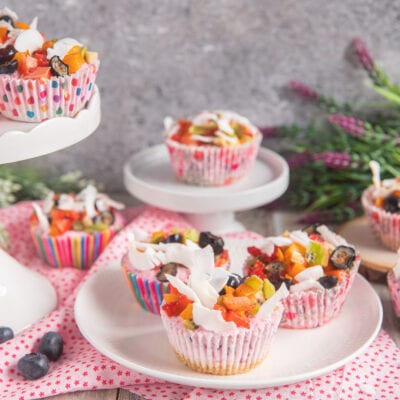 Frozen yogurt cups con frutta mista a pezzi e scaglie di cocco su base biscotto