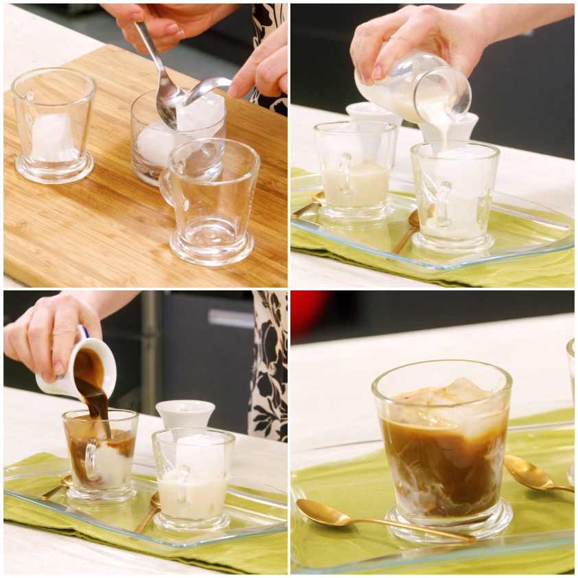 Preparazione del caffè leccese: ghiaccio nel bicchiere, latte versato e caffè espresso aggiunto