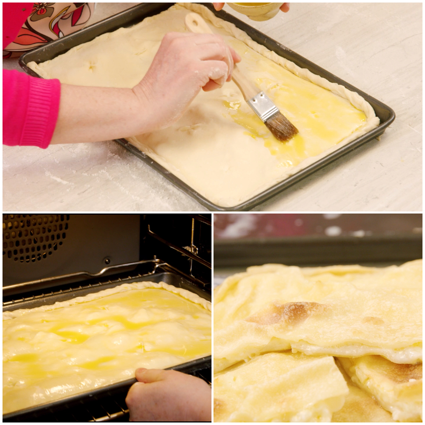 Focaccia di Recco tagliata a rettangoli pronta per essere servita in tavola