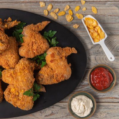 Alette di pollo speziate con panatura croccante ai corn flakes, guarnite con prezzemolo fresco