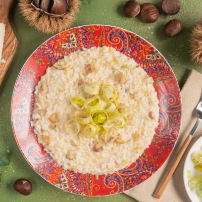 Risotto Castelmagno, porri e castagne