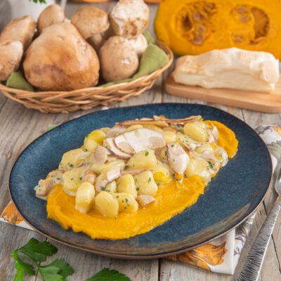 Gnocchi con crema di zucca, porcini e taleggio su letto di vellutata arancione