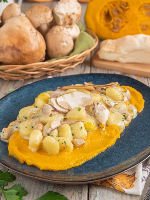 Gnocchi con crema di zucca, porcini e taleggio su letto di vellutata arancione