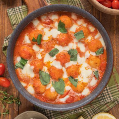 Polpette di baccalà in sugo di datterini con mozzarella filante e foglie di basilico