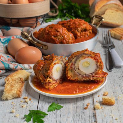 Braciole calabresi ripiene di uovo sodo tagliate a metà, in salsa di pomodoro ricca