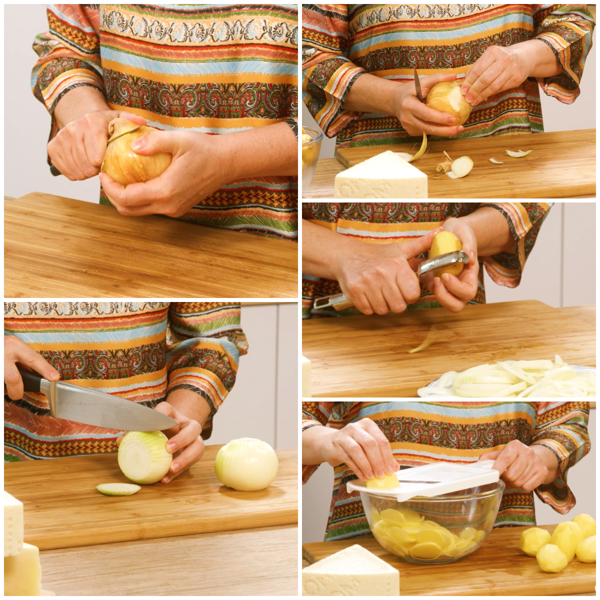 Mani che sbucciano e affettano patate e cipolle, raccogliendo le fette in una ciotola