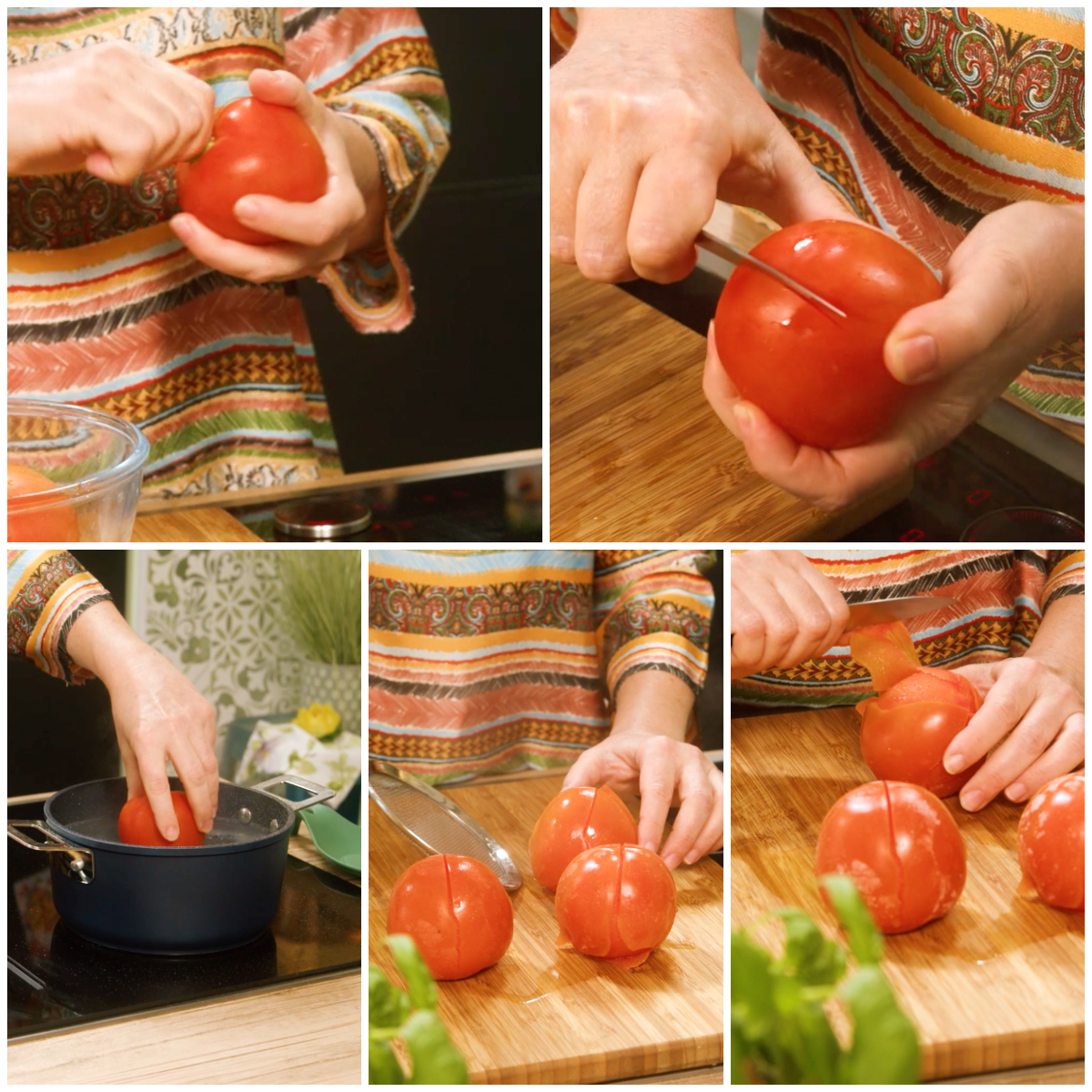 Pomodori incisi a croce sul fondo, immersi in acqua bollente e poi pelati a mano