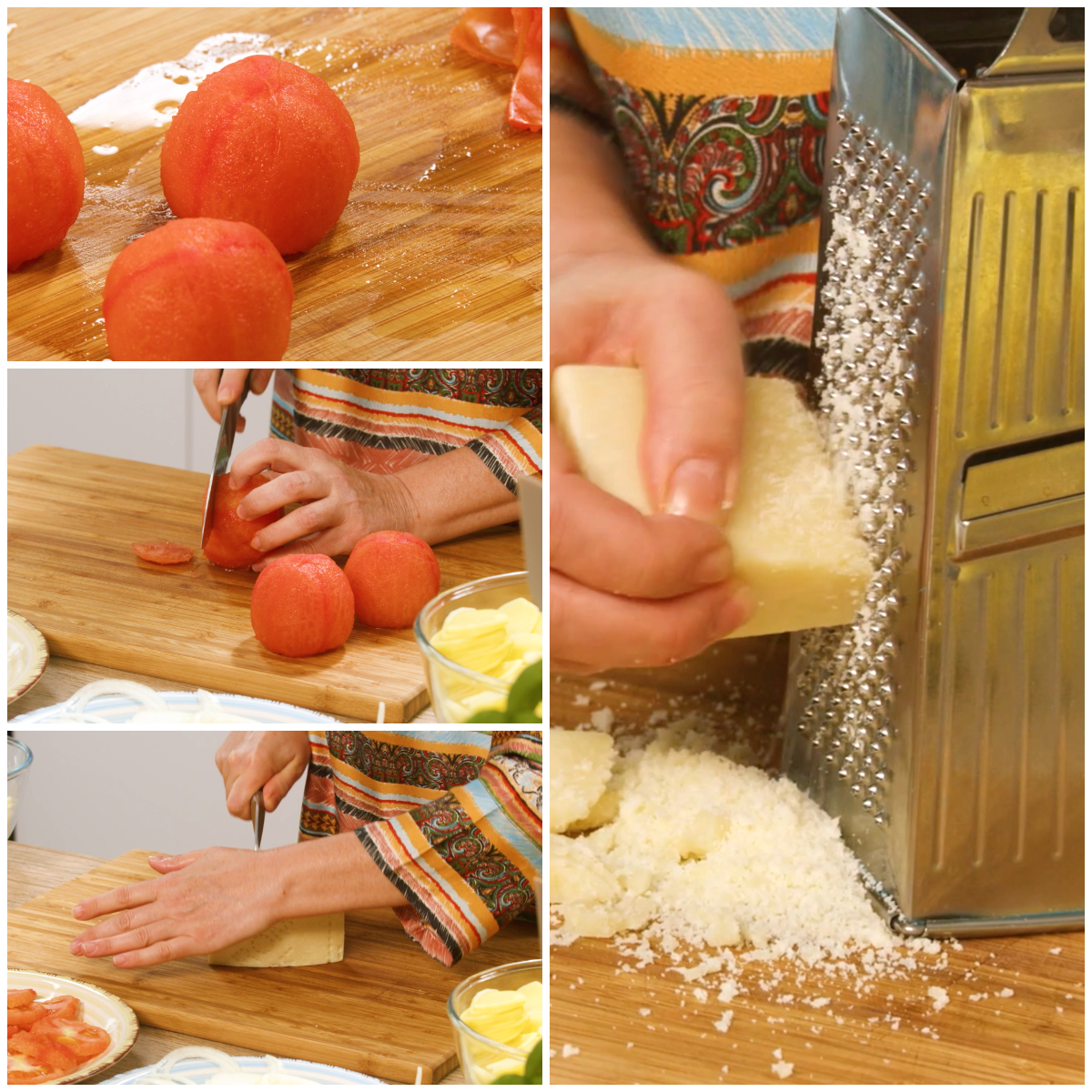 Pomodori pelati tagliati a fette sul tagliere e pecorino grattugiato a mano con una grattugia
