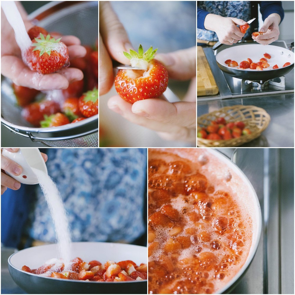 Fragole lavate, mondate e tagliate, poi cotte con zucchero fino a ottenere un composto denso e bollente