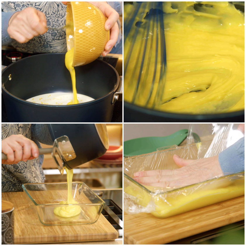 Crema pasticcera versata in teglia e coperta a contatto con pellicola trasparente per raffreddarsi