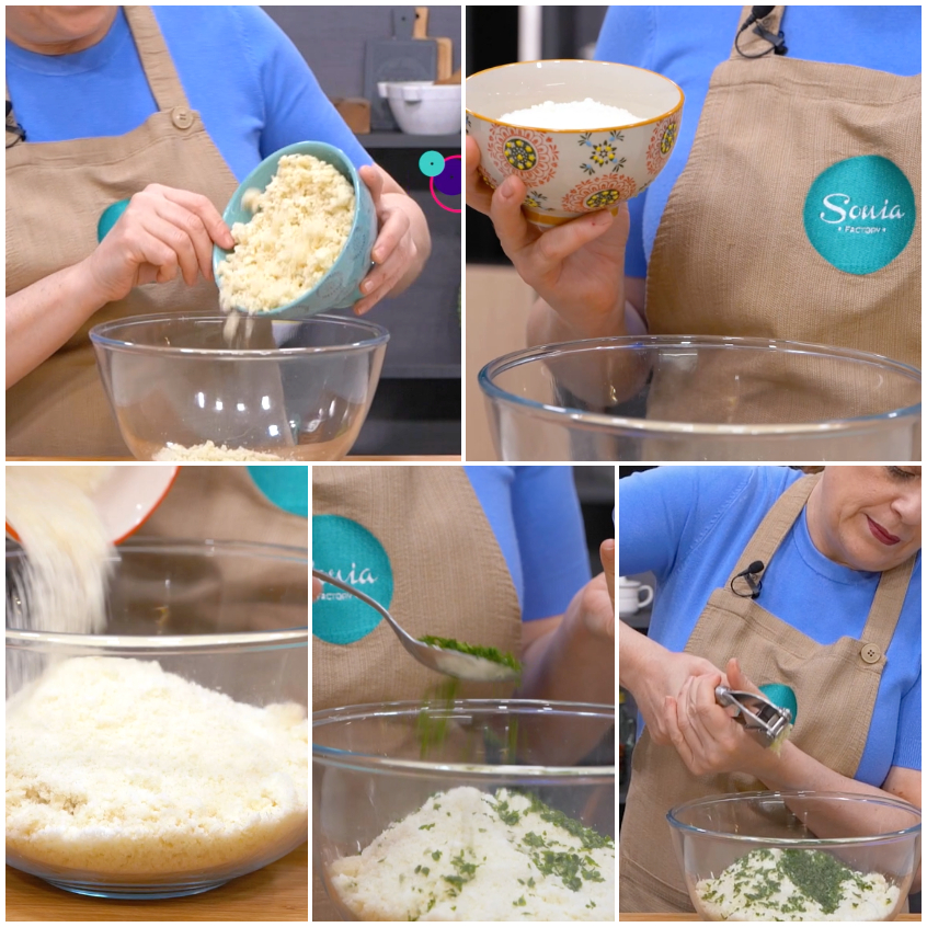 Mollica sbriciolata, formaggio grattugiato, prezzemolo e aglio schiacciato uniti in una ciotola per le pallotte cacio e ova