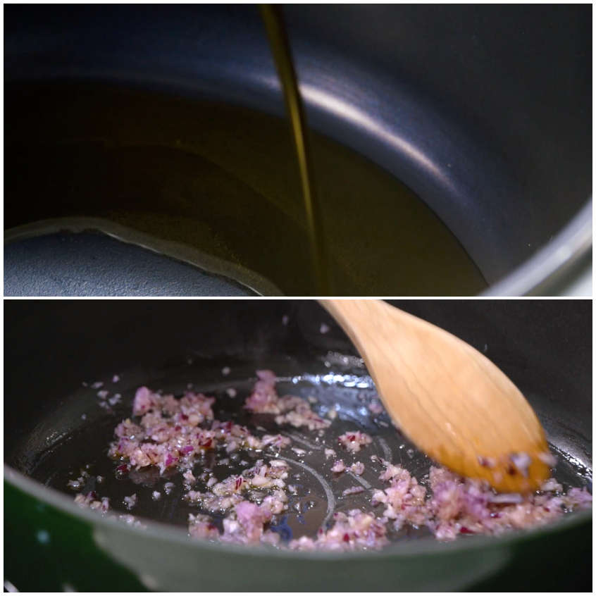 Cipolla rossa tritata che appassisce nell'olio, mescolata con un cucchiaio di legno