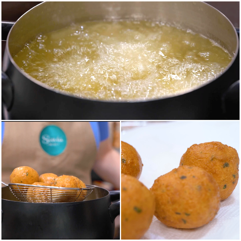 Pallotte cacio e ova che friggono in olio bollente, poi scolate e poggiate ad asciugare