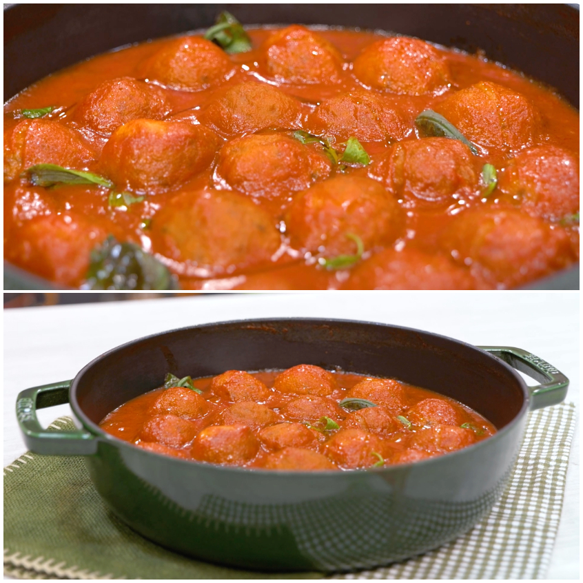 Polpette di cacio e uova in salsa di pomodoro con foglie di basilico fresco