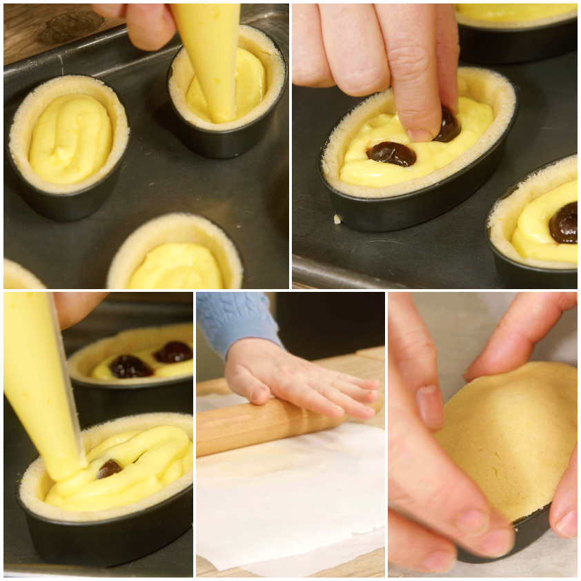 Farcitura dei pasticciotti con crema pasticcera e amarene, poi chiusura con disco di frolla