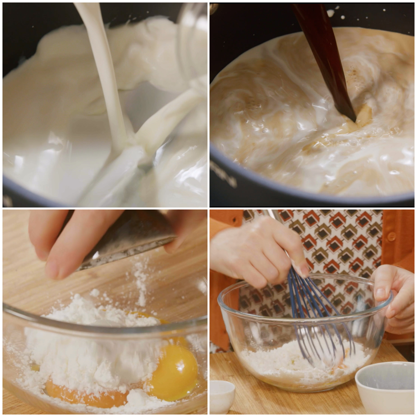 Latte versato in pentola e tuorli con zucchero e amido mescolati in ciotola di vetro