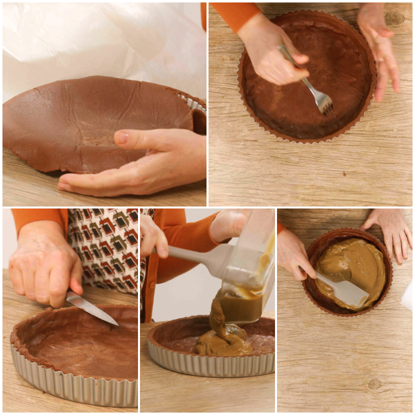 Frolla al cacao stesa nella tortiera, bucherellata e riempita con crema al caffè livellata